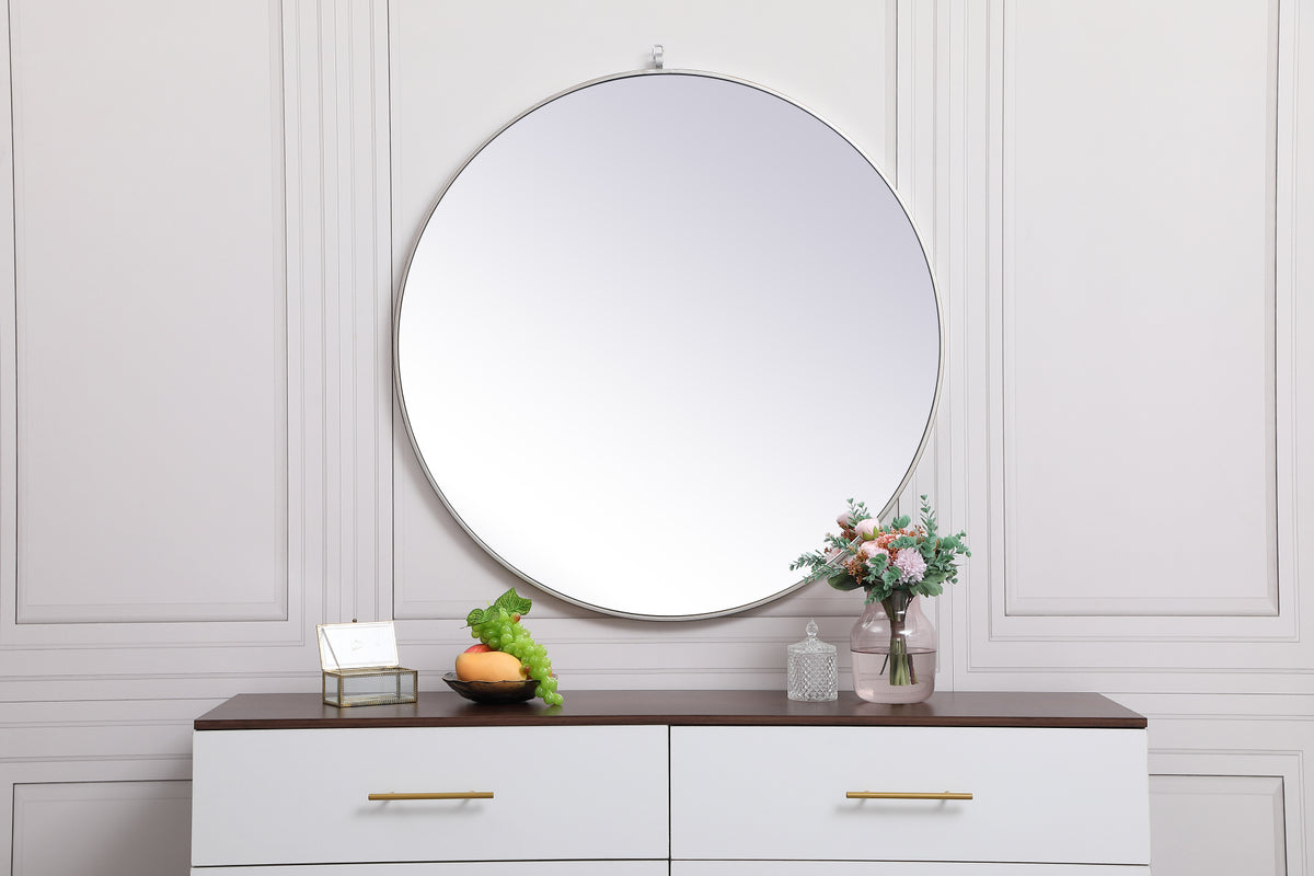 Metal frame round mirror with decorative hook 39 inch in silver