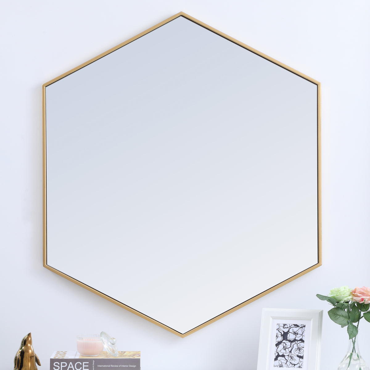 Metal frame hexagon mirror 41 inch in Brass