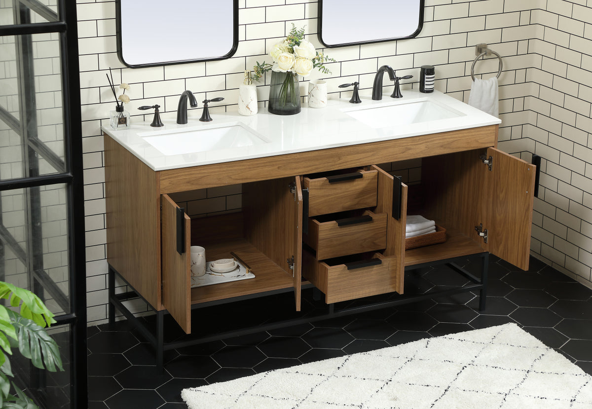 60 inch double bathroom vanity in walnut brown