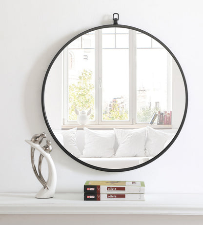 Metal frame Round Mirror with decorative hook 24 inch Black finish
