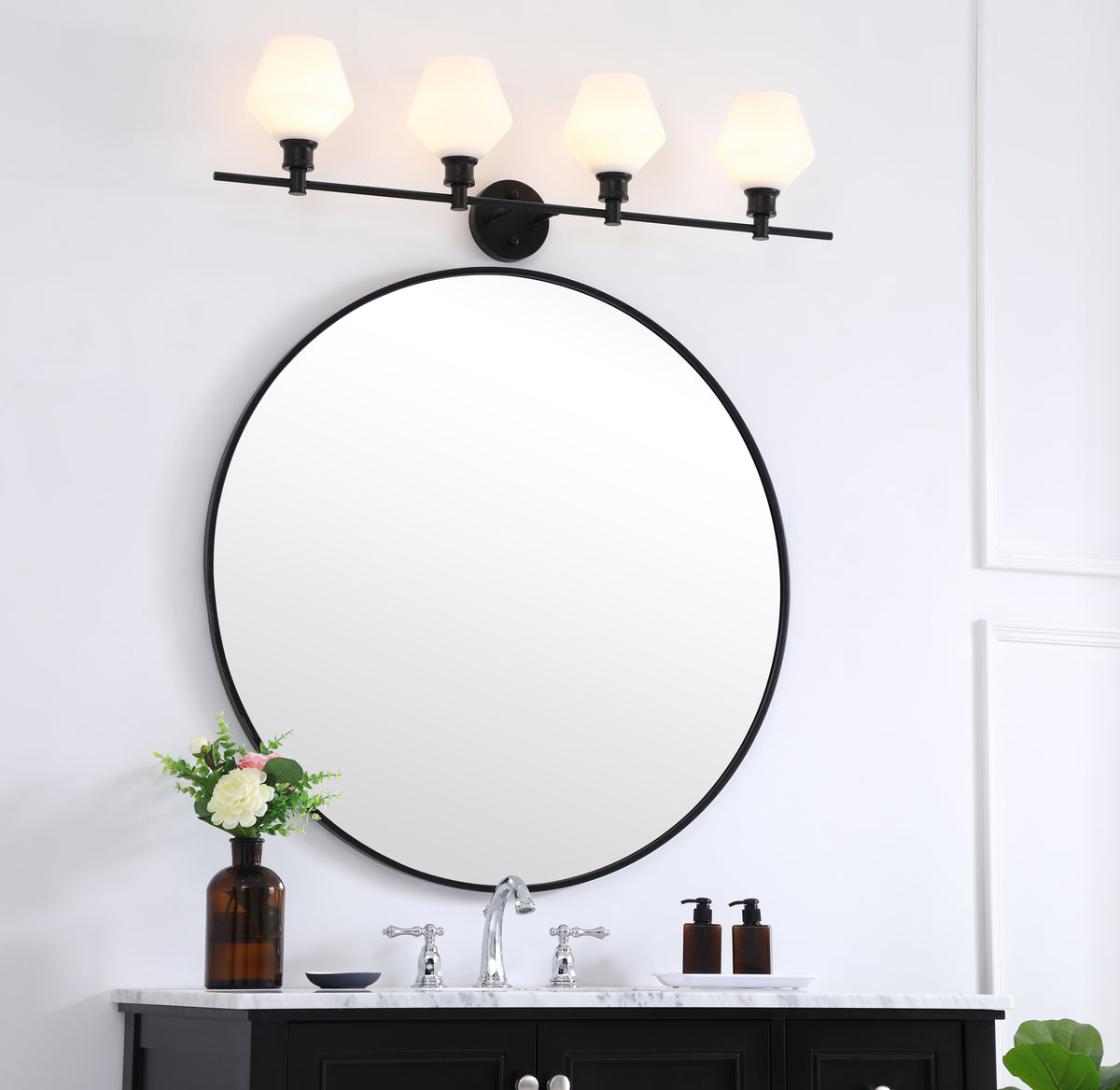 Gene 4 light Black and Frosted white glass Wall sconce