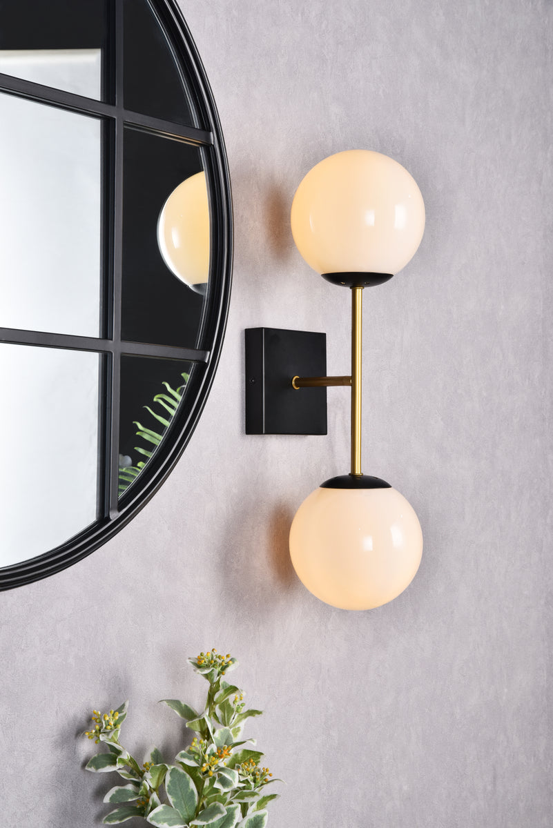 Neri 2 lights black and brass and white glass wall sconce