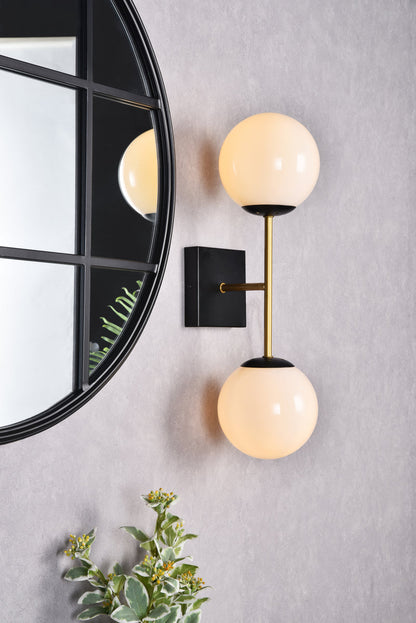 Neri 2 lights black and brass and white glass wall sconce