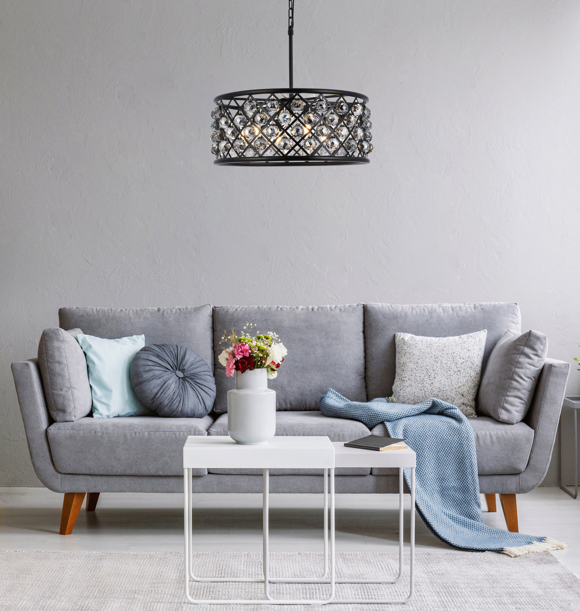 Madison 6 light Matte Black Chandelier Silver Shade (Grey) Royal Cut Crystal