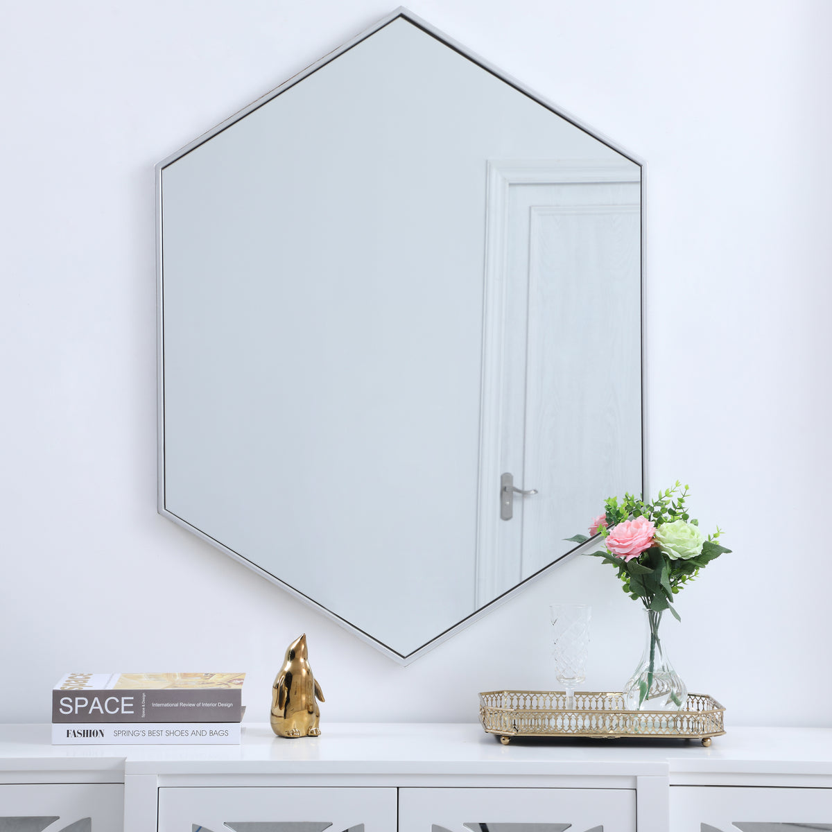 Metal frame hexagon mirror 30 inch in silver