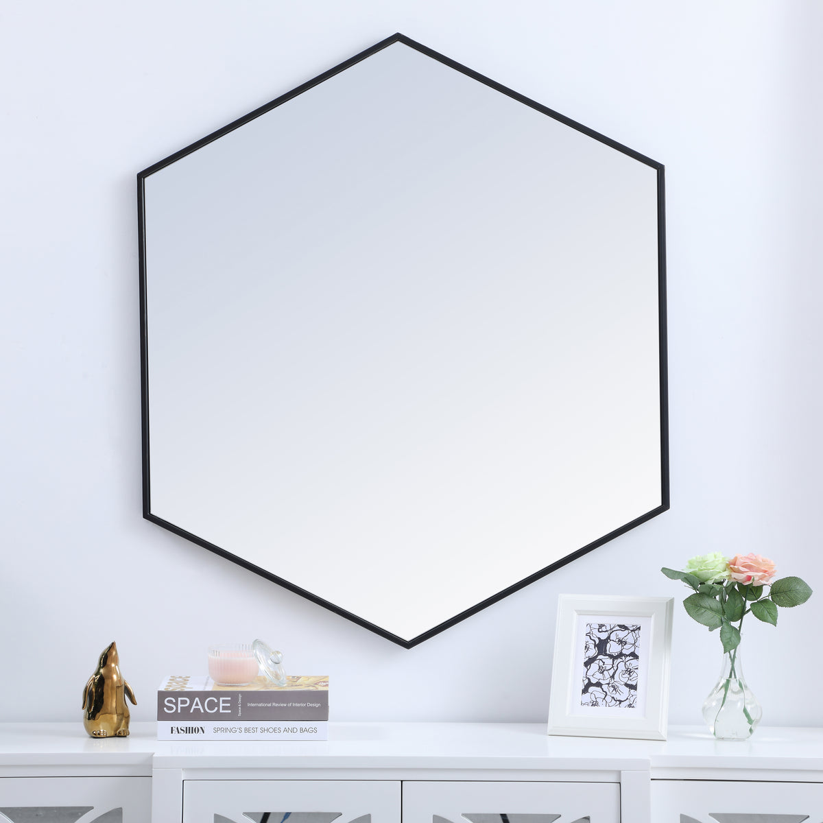 Metal frame hexagon mirror 41 inch in Black