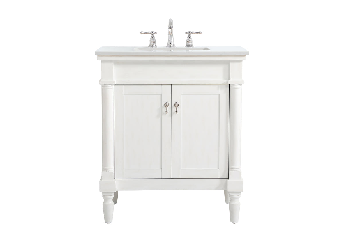30 inch Single Bathroom vanity in Antique White with ivory white engineered marble