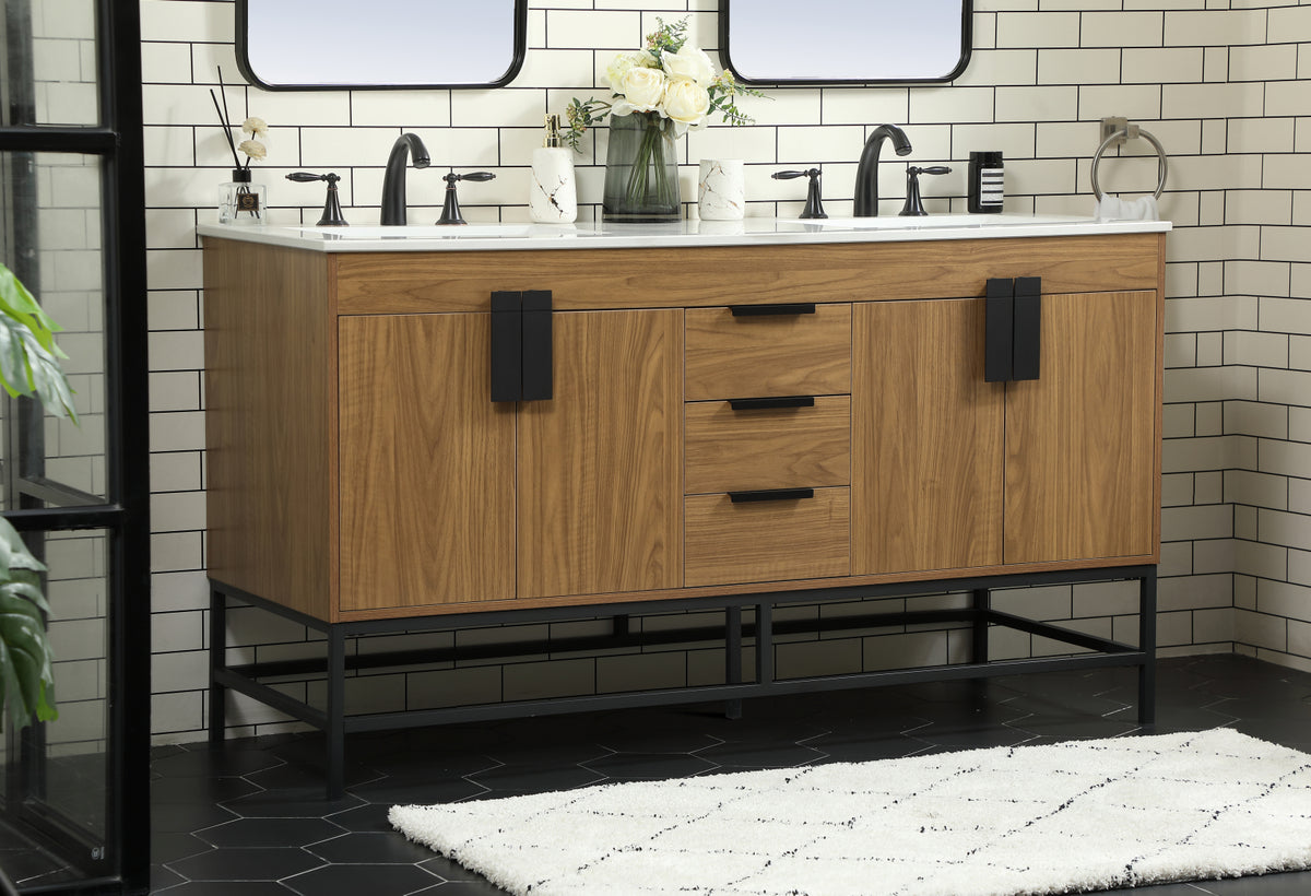 60 inch double bathroom vanity in walnut brown