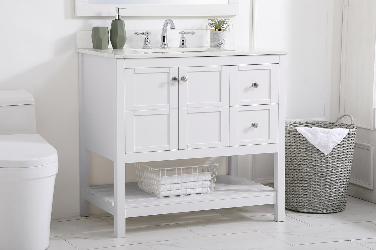 36 inch Single Bathroom Vanity in White with Backsplash