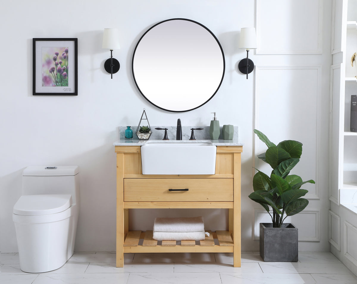 36 inch Single bathroom vanity in natural wood with backsplash