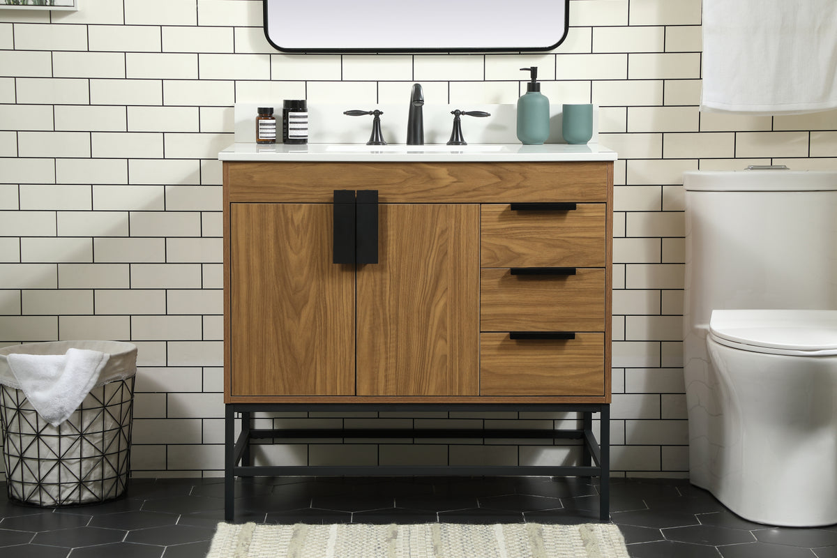 36 inch Single bathroom vanity in walnut brown with backsplash