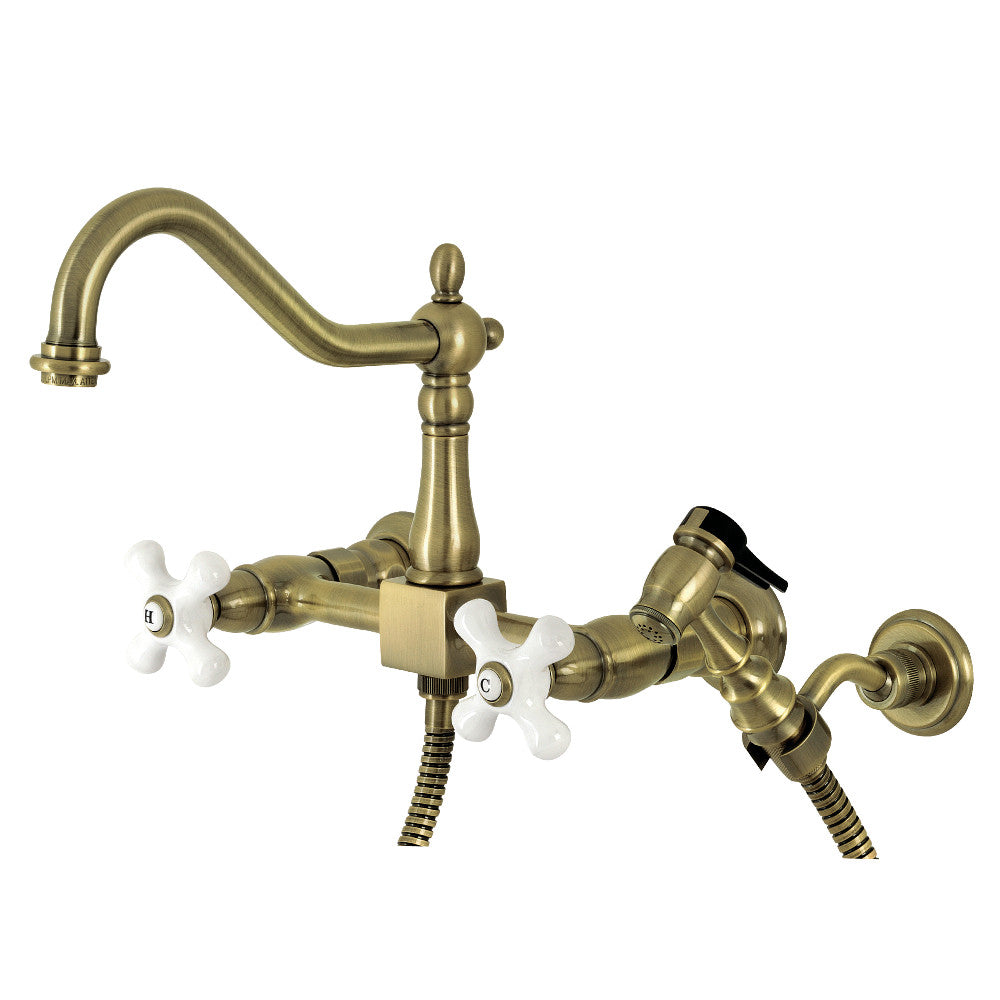 Heritage Wall Mount Kitchen Faucet in Antique Brass