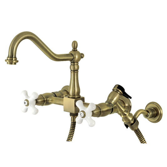 Heritage Wall Mount Kitchen Faucet in Antique Brass