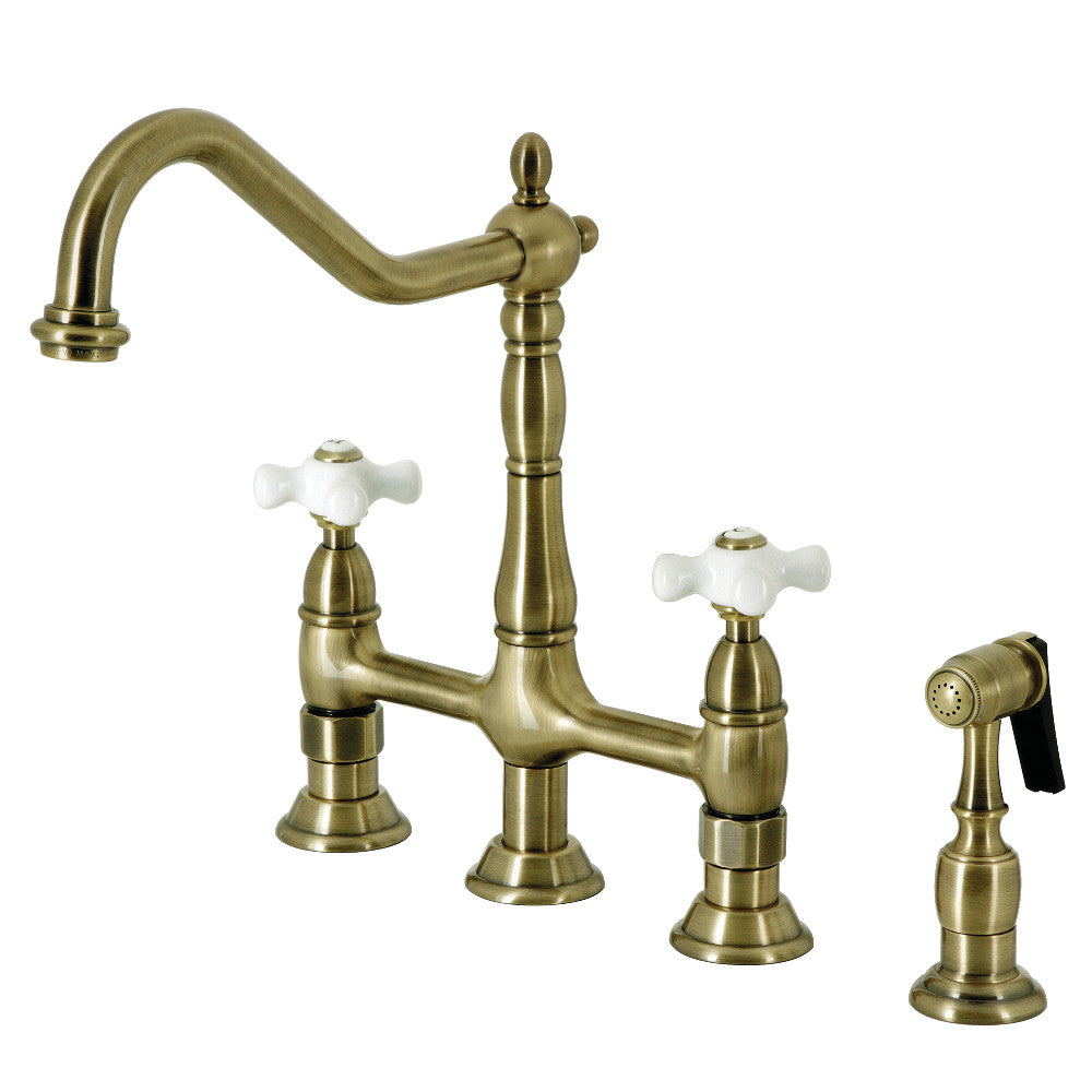 Heritage Bridge Kitchen Faucet in Antique Brass