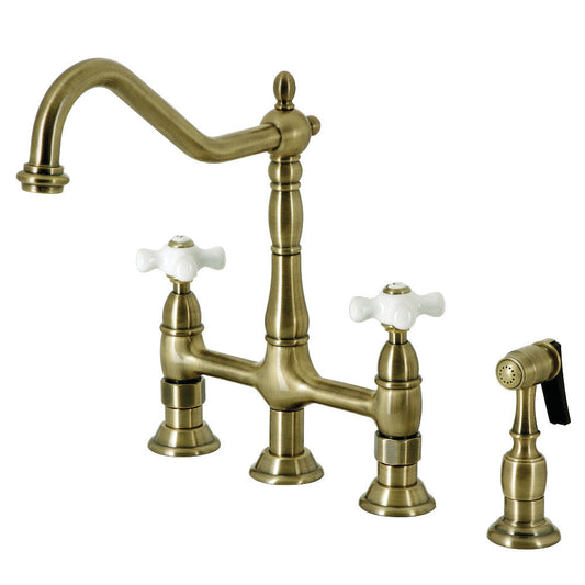 Heritage Bridge Kitchen Faucet in Antique Brass