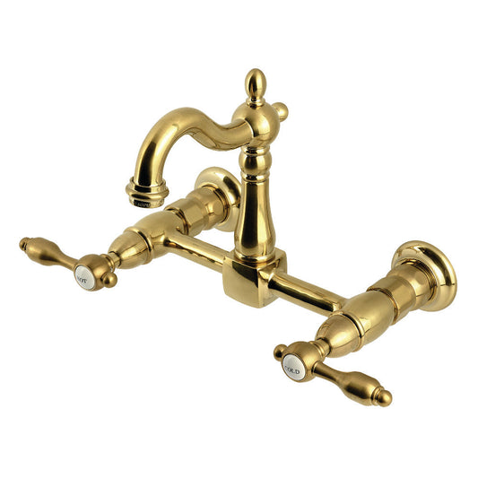 Tudor Wall Mount Kitchen Faucet in Brushed Brass