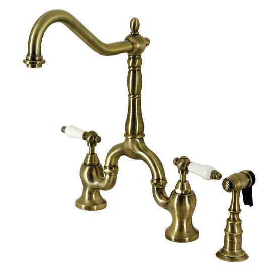 English Country Bridge Kitchen Faucet in Antique Brass