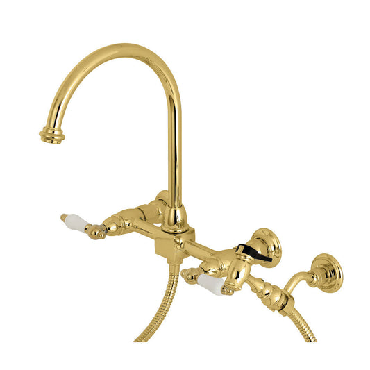 Restoration Wall Mount Kitchen Faucet in Polished Brass