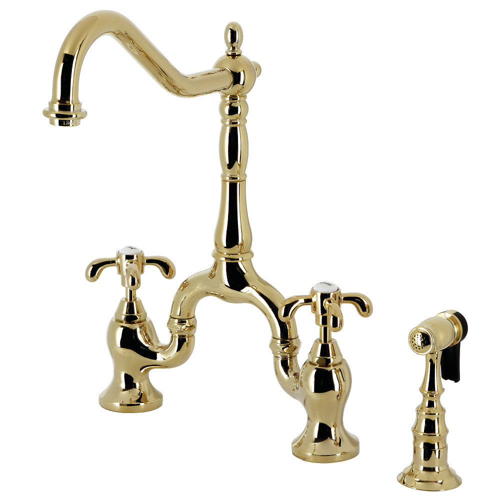 French Country Bridge Kitchen Faucet in Polished Brass