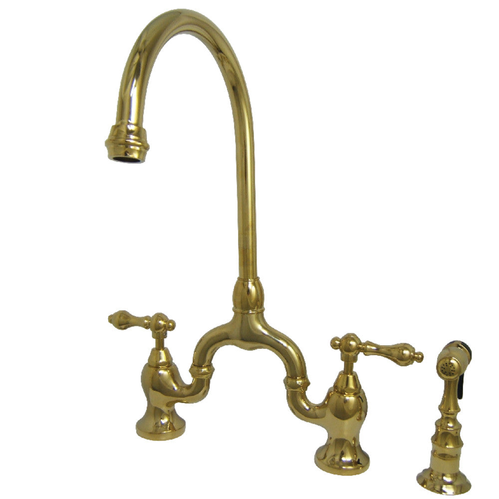 English Country Bridge Kitchen Faucet in Polished Brass